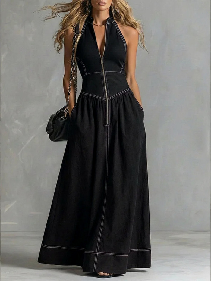 Zipper Solid Color Pockets Pleated Sleeveless High Waisted Stand Collar Maxi Dresses