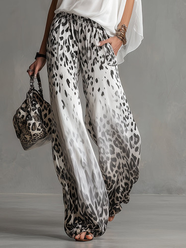 Pockets Leopard Gradient Elasticity Wide Leg Loose Wide Leg Pants Trousers