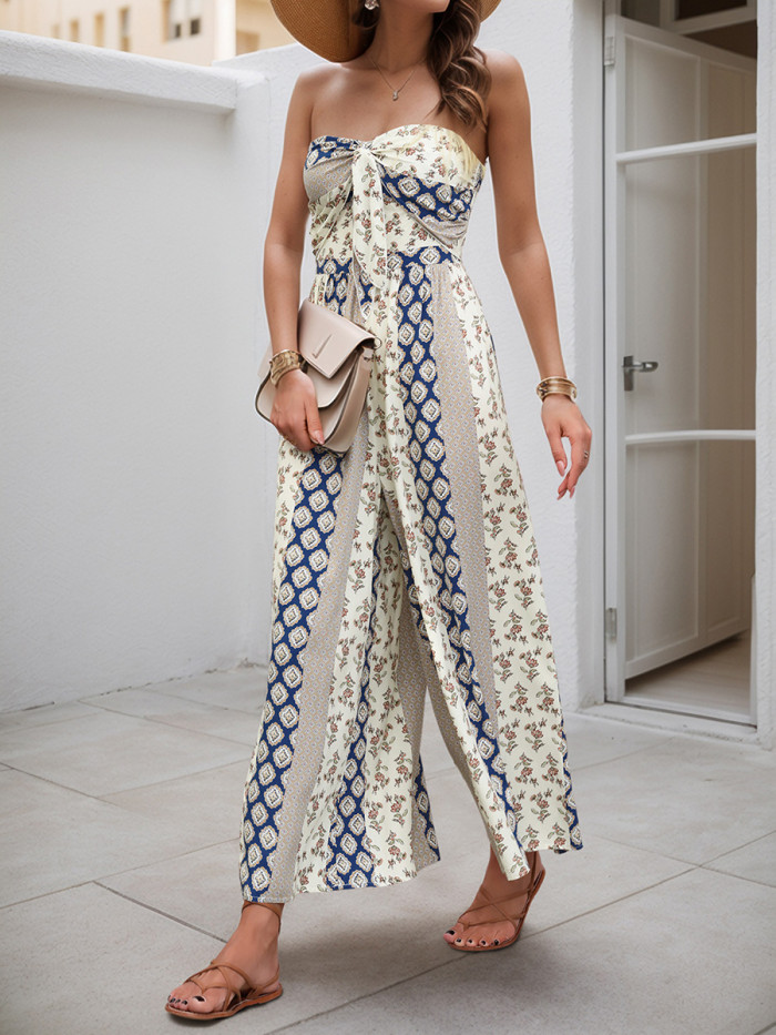 Twist Tied Split-Joint Printed Pleated Contrast Color Backless Wide Leg Sleeveless Tube Jumpsuits