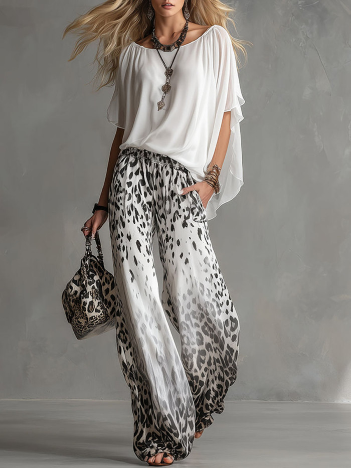 Pockets Leopard Gradient Elasticity Wide Leg Loose Wide Leg Pants Trousers