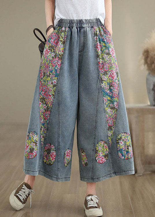 Casual Blue Pockets Print Elastic Waist Denim Crop Wide Leg Pants Summer