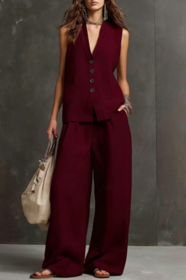 Linen Blend V-neck Sleeveless Button-down Vest and Casual Elastic Wst Pocket Wide-leg Pants Set