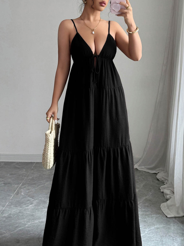 Solid Color Pleated Drawstring Backless Sleeveless A-Line Spaghetti-Neck Maxi Dresses