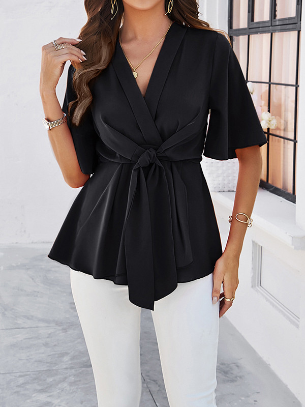 Tied Solid Color Loose Half Sleeves V-neck Blouses&shirts Tops
