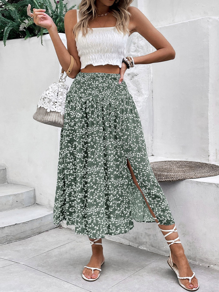 Flower Print Contrast Color High Waisted A-Line Skirts Bottoms