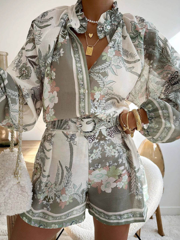 Split-Joint Ruffled Flower Print Elasticity Contrast Color Buttoned Belted Puff Sleeves Loose Stand Collar Two Pieces Set Shorts Bottoms Blouses&shirts Tops