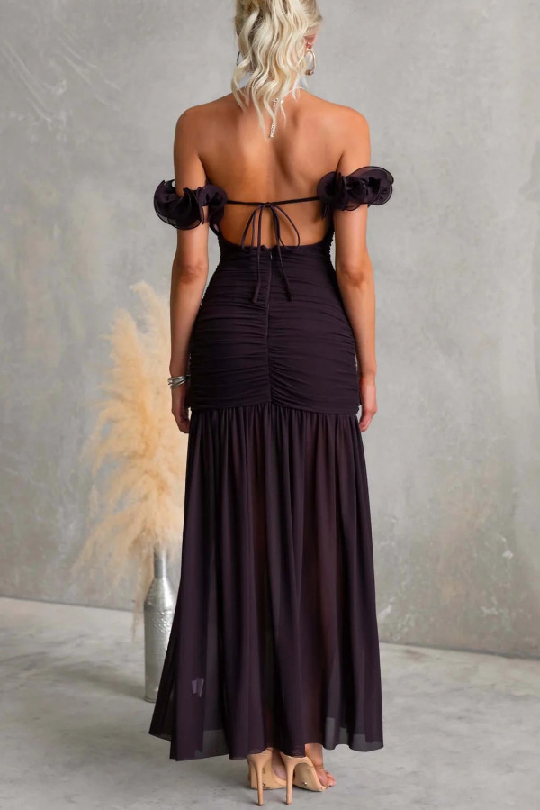 Solid Color Off-shoulder Pleated Backless Slim-fit Elegant Mesh Maxi Dress