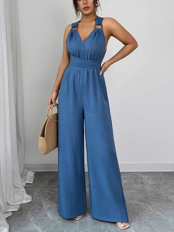 Tied Solid Color Backless Wide Leg Sleeveless Spaghetti-Neck Jumpsuits