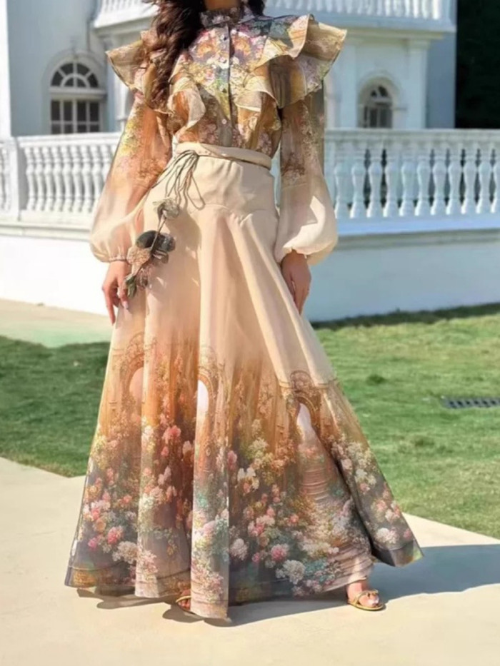 Ruffled Flower Print Buttoned Flower-Embellished Long Sleeves A-Line Half Turtleneck Two-Piece Sets Sets