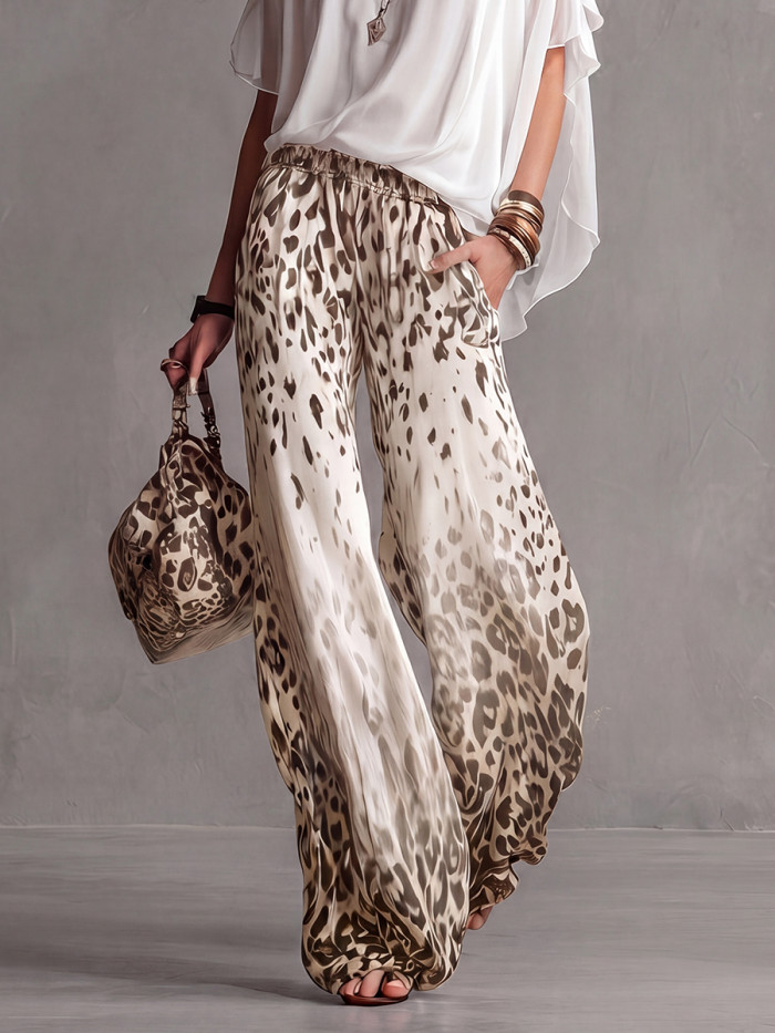 Pockets Leopard Gradient Elasticity Wide Leg Loose Wide Leg Pants Trousers