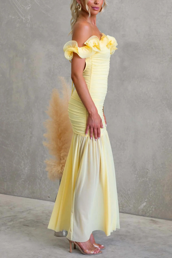 Solid Color Off-shoulder Pleated Backless Slim-fit Elegant Mesh Maxi Dress
