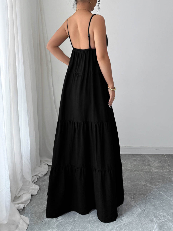 Solid Color Pleated Drawstring Backless Sleeveless A-Line Spaghetti-Neck Maxi Dresses