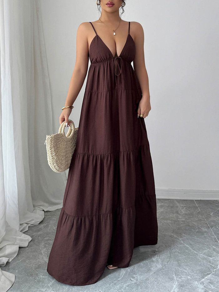 Solid Color Pleated Drawstring Backless Sleeveless A-Line Spaghetti-Neck Maxi Dresses