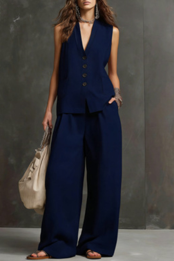 Linen Blend V-neck Sleeveless Button-down Vest and Casual Elastic Wst Pocket Wide-leg Pants Set