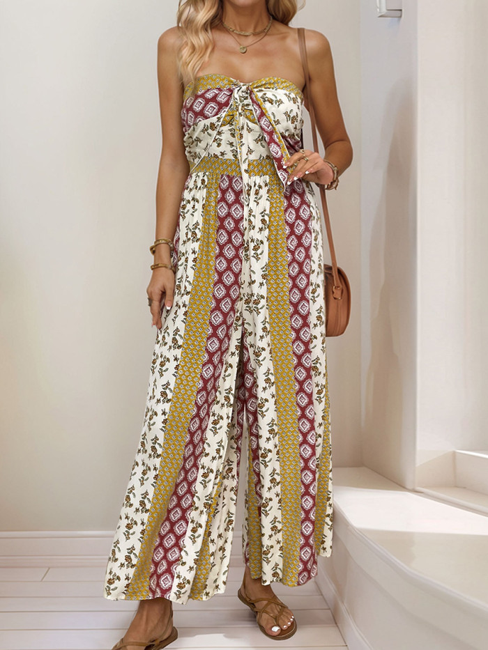 Twist Tied Split-Joint Printed Pleated Contrast Color Backless Wide Leg Sleeveless Tube Jumpsuits