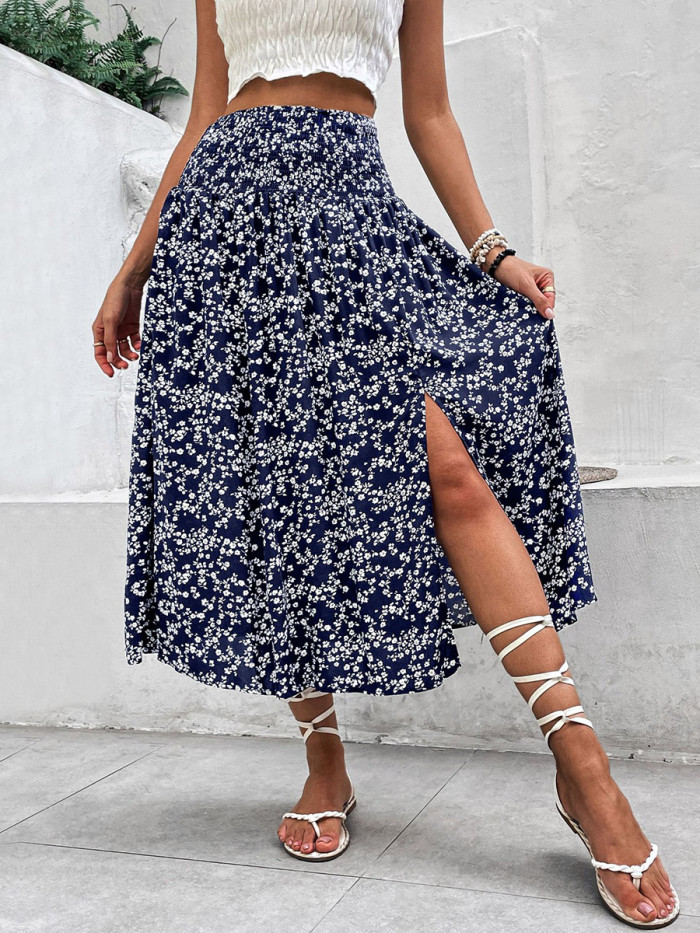 Flower Print Contrast Color High Waisted A-Line Skirts Bottoms