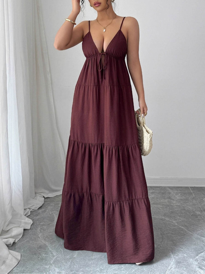 Solid Color Pleated Drawstring Backless Sleeveless A-Line Spaghetti-Neck Maxi Dresses