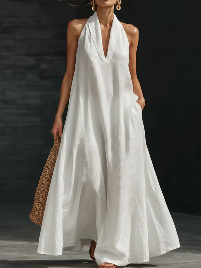 Solid Color Pockets Sleeveless Loose V-Neck Maxi Dresses