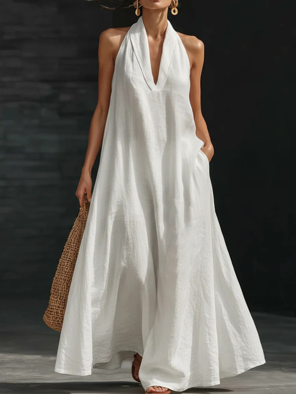 Solid Color Pockets Sleeveless Loose V-Neck Maxi Dresses