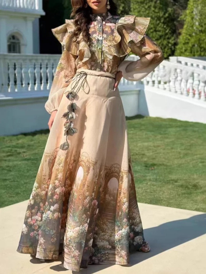 Ruffled Flower Print Buttoned Flower-Embellished Long Sleeves A-Line Half Turtleneck Two-Piece Sets Sets