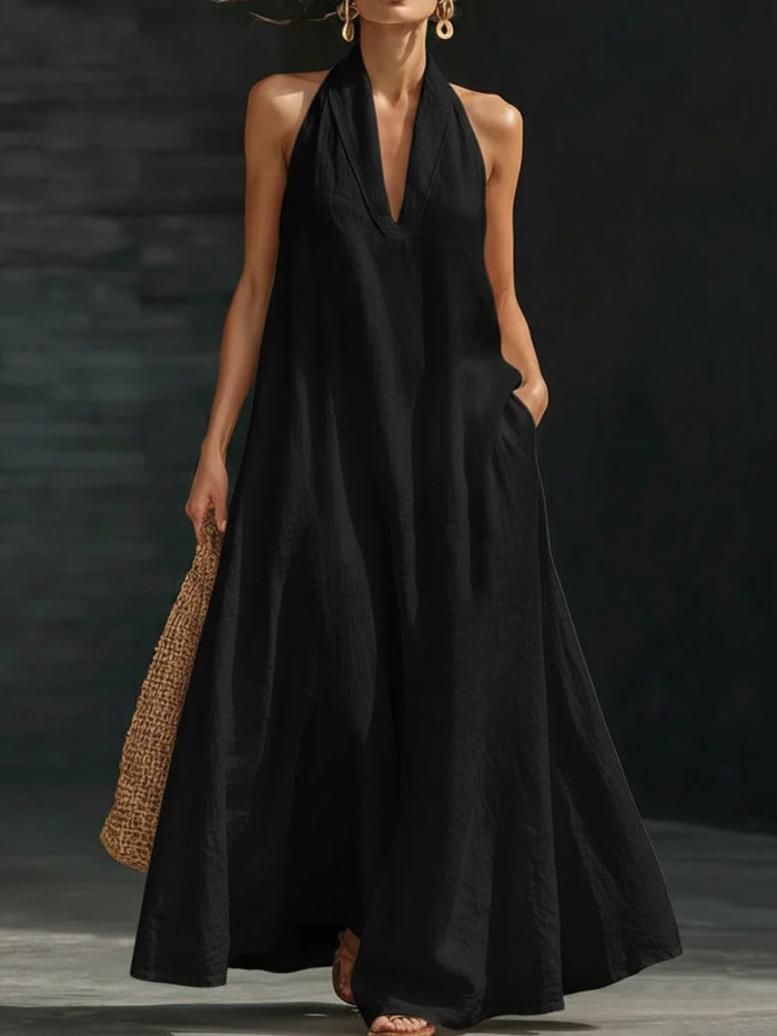 Solid Color Pockets Sleeveless Loose V-Neck Maxi Dresses