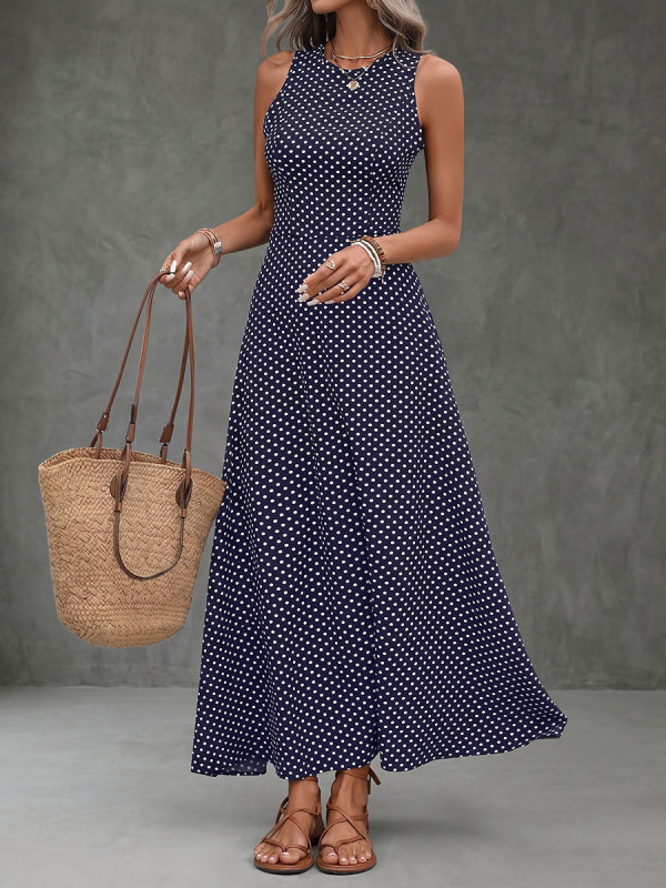 Polka-Dot Contrast Color Sleeveless High Waisted Round-Neck Maxi Dresses