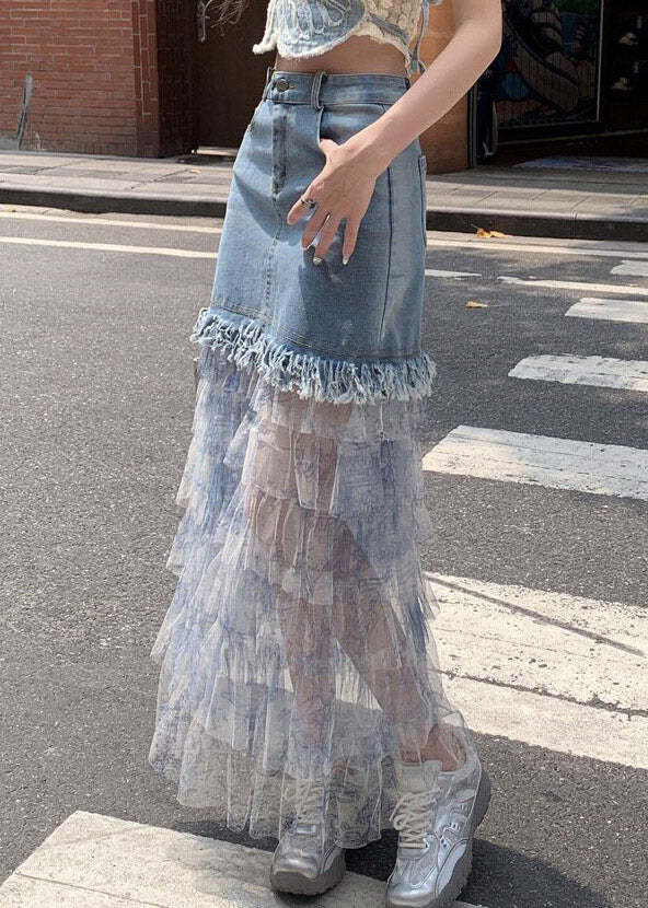 Women Blue Denim Patchwork Tulle Maxi Cake Skirts Summer