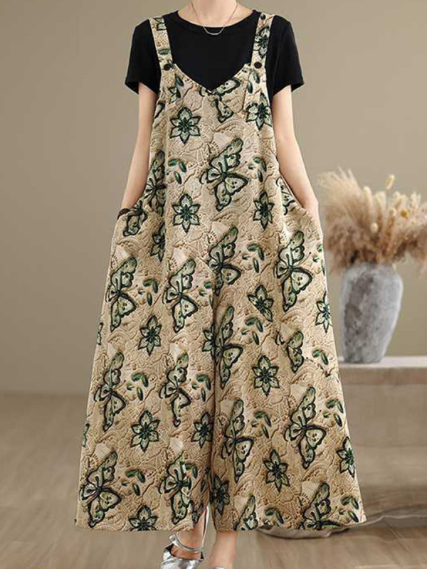 Split-Joint Pockets Contrast Color Buttoned Butterfly Print Wide Leg Loose Adjustable Straps Overalls