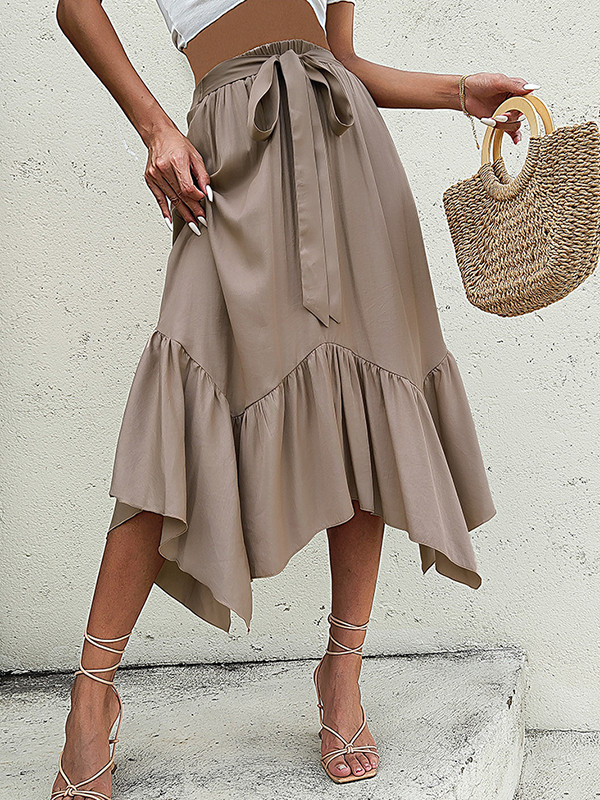 Split-Joint Solid Color Pleated Belted Loose Irregular clipping Skirts