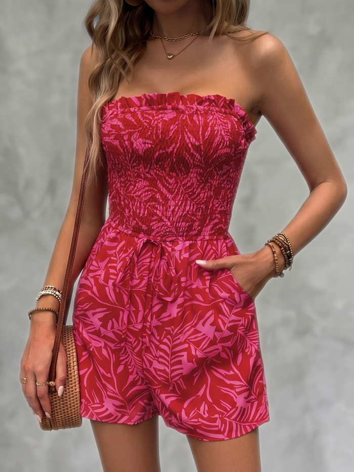 Tied Waist Split-Joint Solid Color Pockets Pleated Leaves Print Sleeveless Tube Rompers