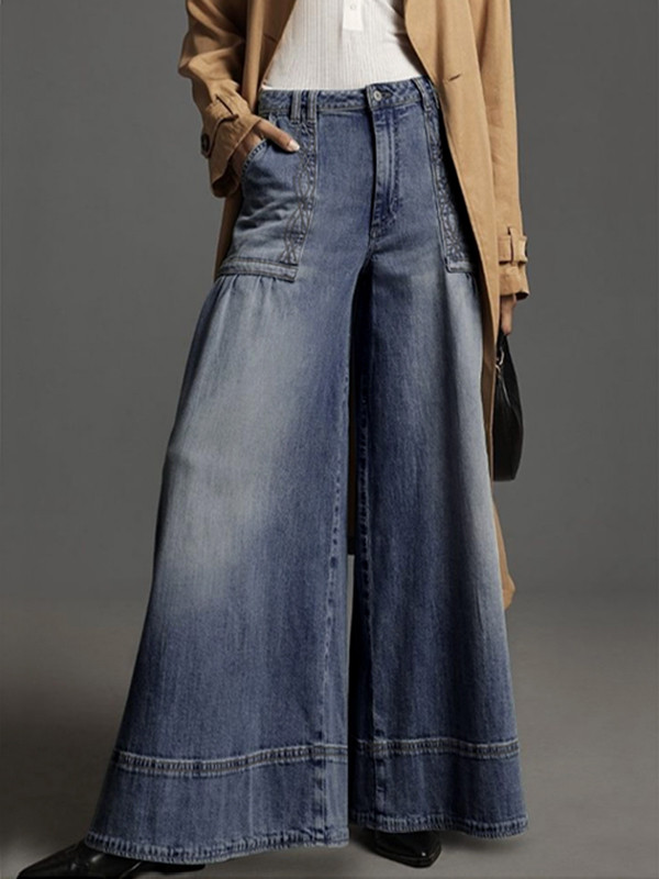 Wide Leg Buttoned Pockets Solid Color Split-Joint Zipper Jean Pants Bottoms Trousers