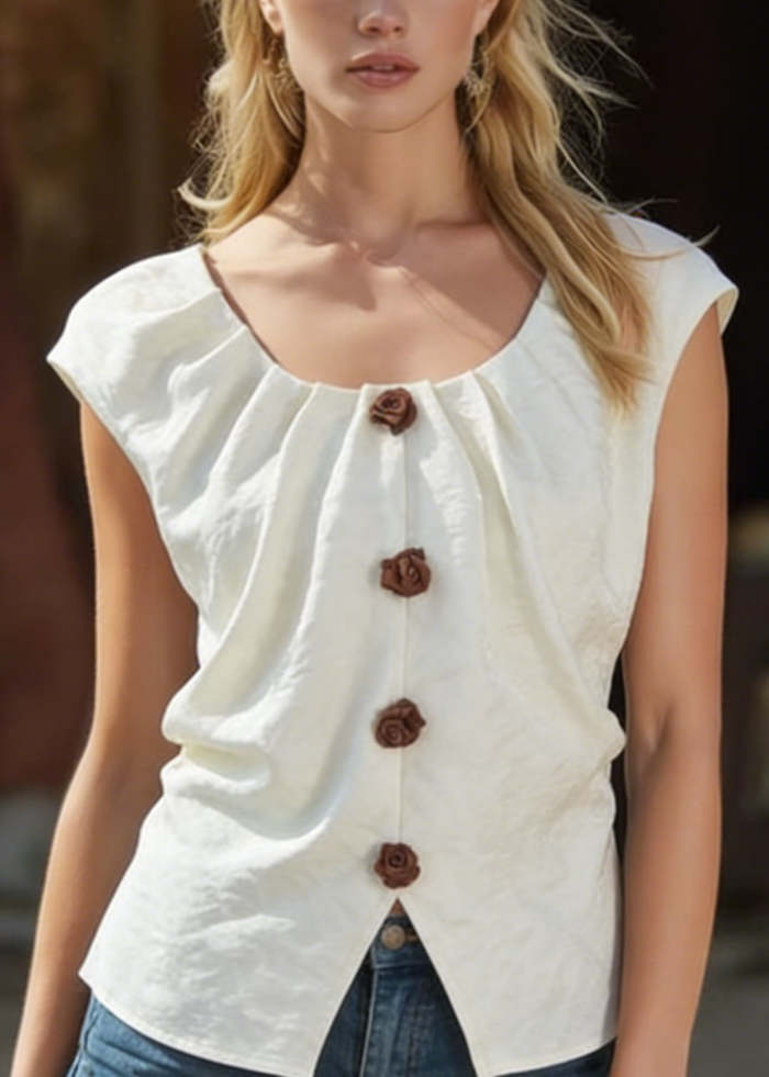 French Simple White O Neck Floral Cotton Tops Summer