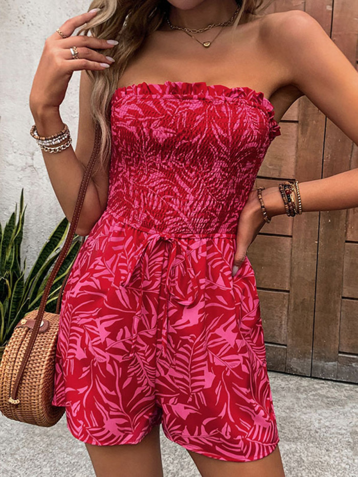 Tied Waist Split-Joint Solid Color Pockets Pleated Leaves Print Sleeveless Tube Rompers
