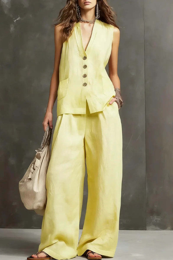 Linen Blend V-neck Sleeveless Button-down Vest and Casual Elastic Wst Pocket Wide-leg Pants Set