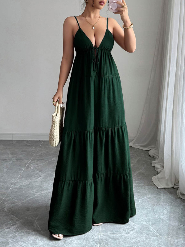 Solid Color Pleated Drawstring Backless Sleeveless A-Line Spaghetti-Neck Maxi Dresses