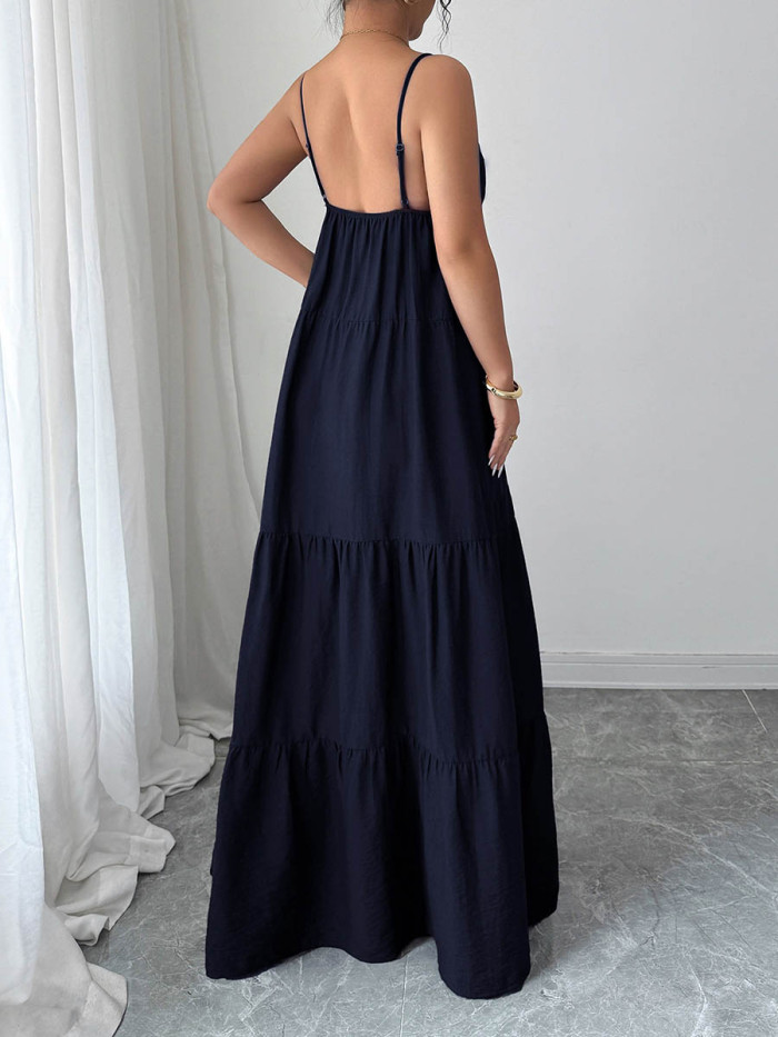 Solid Color Pleated Drawstring Backless Sleeveless A-Line Spaghetti-Neck Maxi Dresses