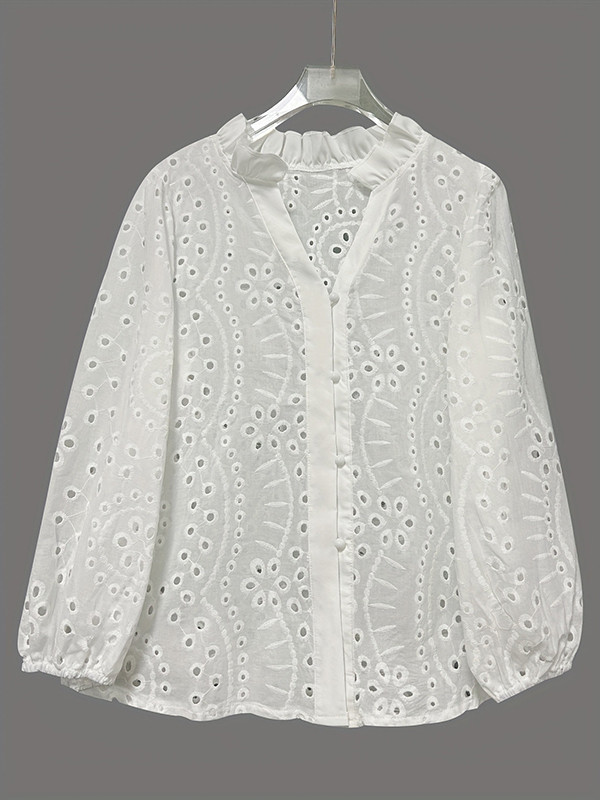 Split-Joint Solid Color Single-Breasted See-Through Hollow Flower Shape Buttoned Loose Long Sleeves V-Neck Blouses&Shirts Tops