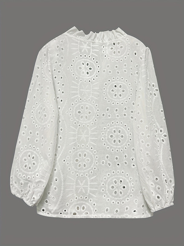 Split-Joint Solid Color Single-Breasted See-Through Hollow Flower Shape Buttoned Loose Long Sleeves V-Neck Blouses&Shirts Tops