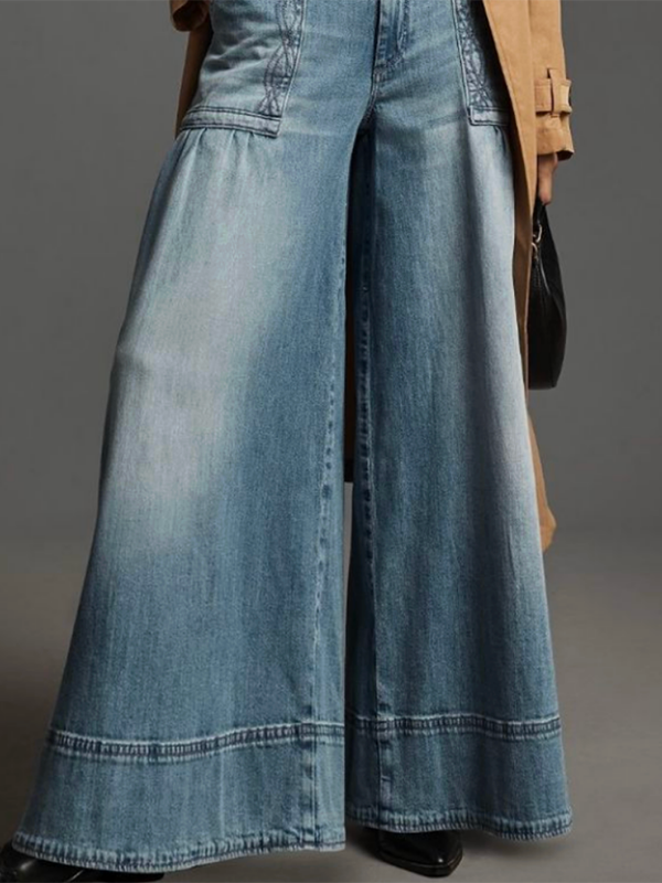 Wide Leg Buttoned Pockets Solid Color Split-Joint Zipper Jean Pants Bottoms Trousers