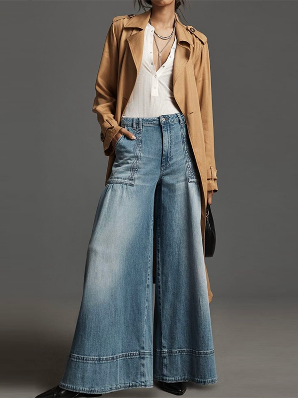 Wide Leg Buttoned Pockets Solid Color Split-Joint Zipper Jean Pants Bottoms Trousers
