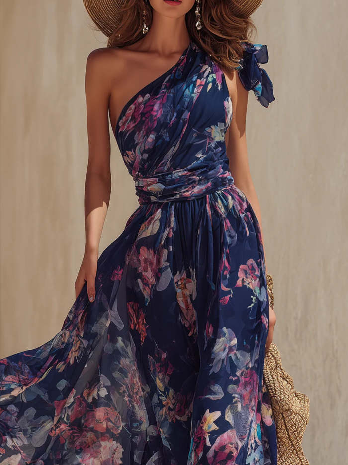 Vacation One-Shoulder Floral Chiffon Maxi Dress