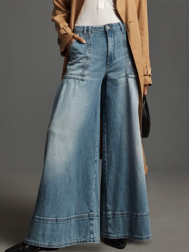 Wide Leg Buttoned Pockets Solid Color Split-Joint Zipper Jean Pants Bottoms Trousers