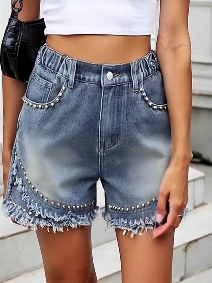 Women'S Rubber Waistband Double-Layer Scalloped Studded Inlaid Punk Style Denim Shorts