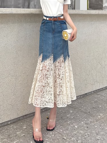 Summer Stylish Waist-Cinching Fashionable Lace-Patch Denim Skirt, French-Style Designer Skirt, Belt-Free