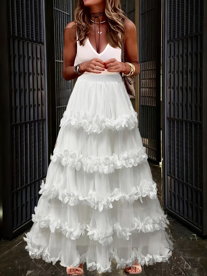✨ White Petal Lace A-Line Skirt, elegant flowy design, versatile for casual and formal wear.