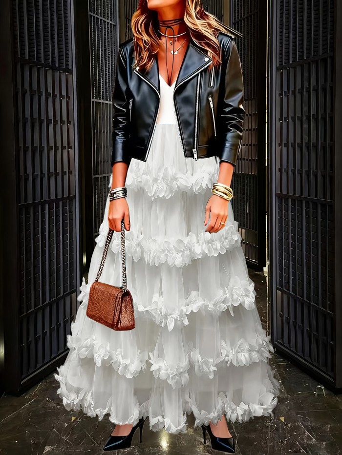 ✨ White Petal Lace A-Line Skirt, elegant flowy design, versatile for casual and formal wear.