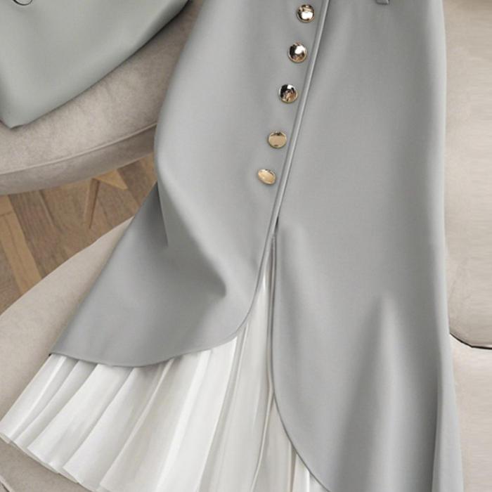 ✨Plus Size Color Block A-Line Skirt, with front buttons and pleated hem, elegant and versatile for daily wear.