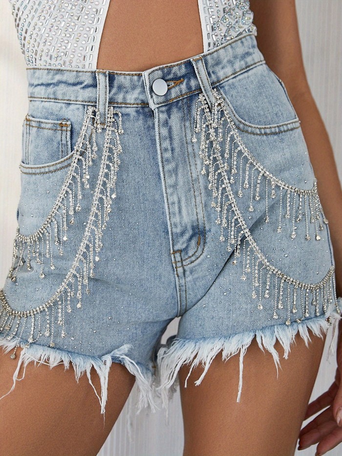 Women's Summer Rhinestone Denim Shorts Wide Leg Streetwear Jeans Shorts with Pockets