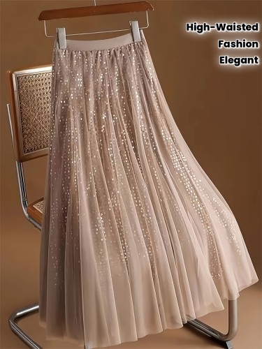 Elegant And Fashionable Sequin Mesh Skirt, High-Waisted Midi A-Line Skirt, Nian Nian Directional