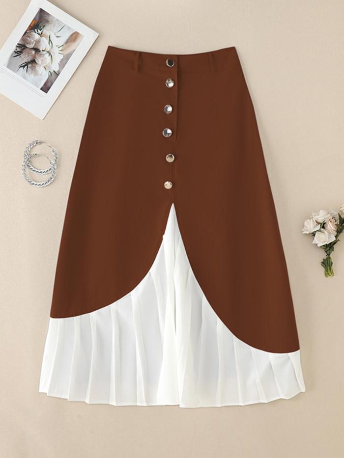 ✨Plus Size Color Block A-Line Skirt, with front buttons and pleated hem, elegant and versatile for daily wear.